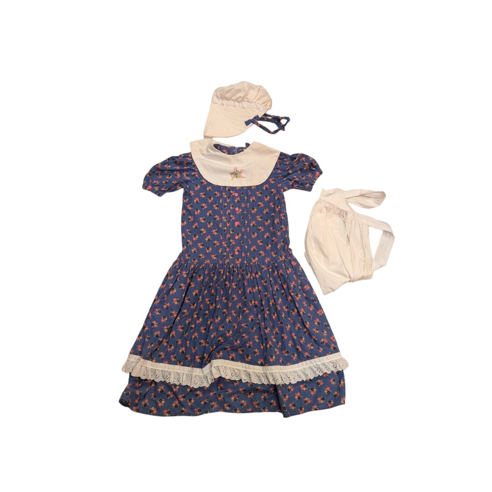 Vintage Floral Prairie Dress Set with Bonnet and Apron Blue Women Small 50s